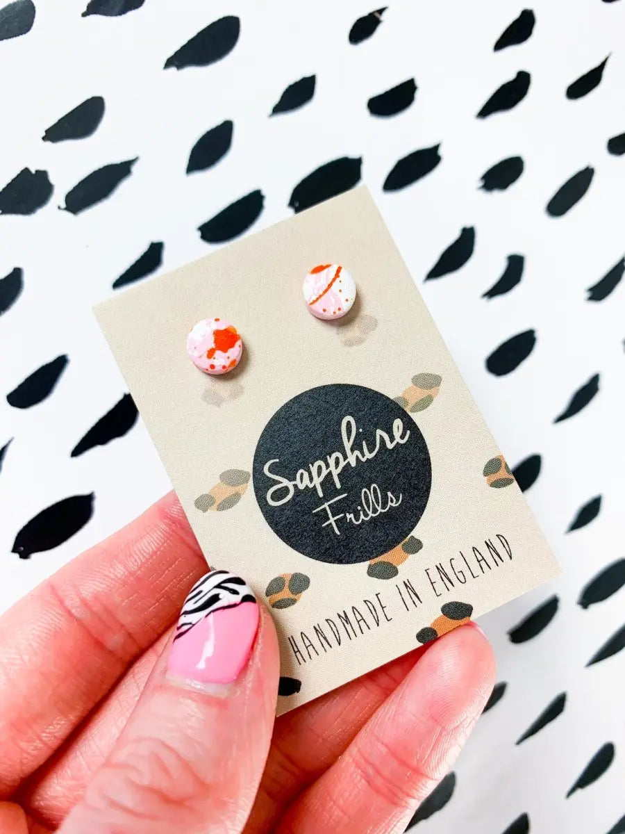 Mini Baby Pink, Orange and White Splatter Circle Stud Earrings from Sapphire Frills