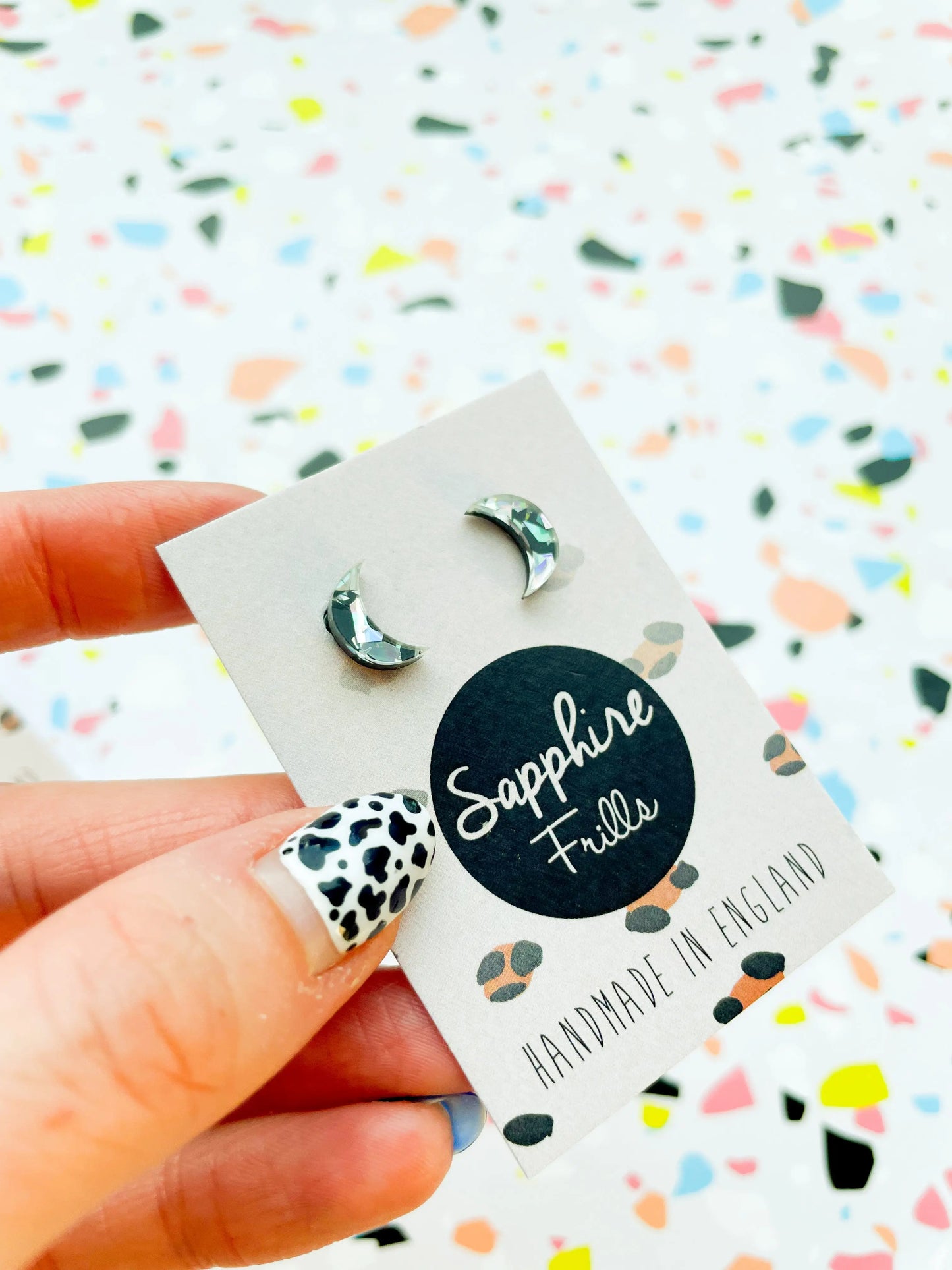 Mini Black Chunky Crystal Acrylic Moon Studs from Sapphire Frills