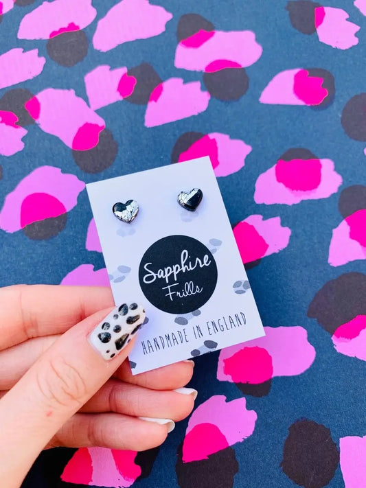 Mini Black and Silver Heart Stud Earrings Sapphire Frills