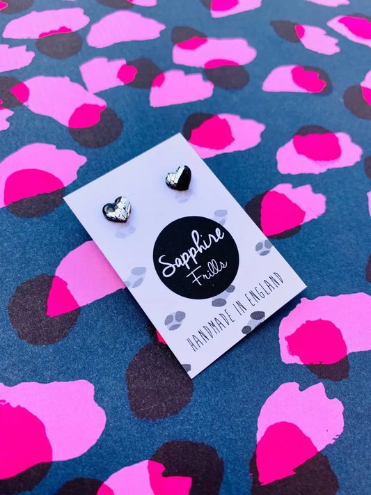 Mini Black and Silver Heart Stud Earrings Sapphire Frills