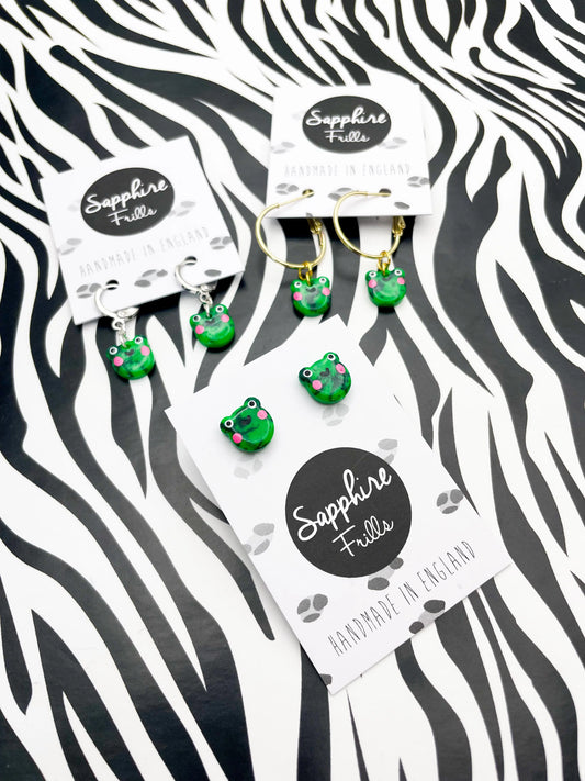Mini Bright Green Speckle Frog Head Stud Earrings from Sapphire Frills