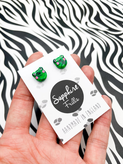 Mini Bright Green Speckle Frog Head Stud Earrings from Sapphire Frills