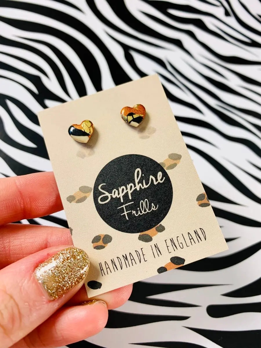 Mini Bronze Leopard Print Heart Stud Earrings Sapphire Frills