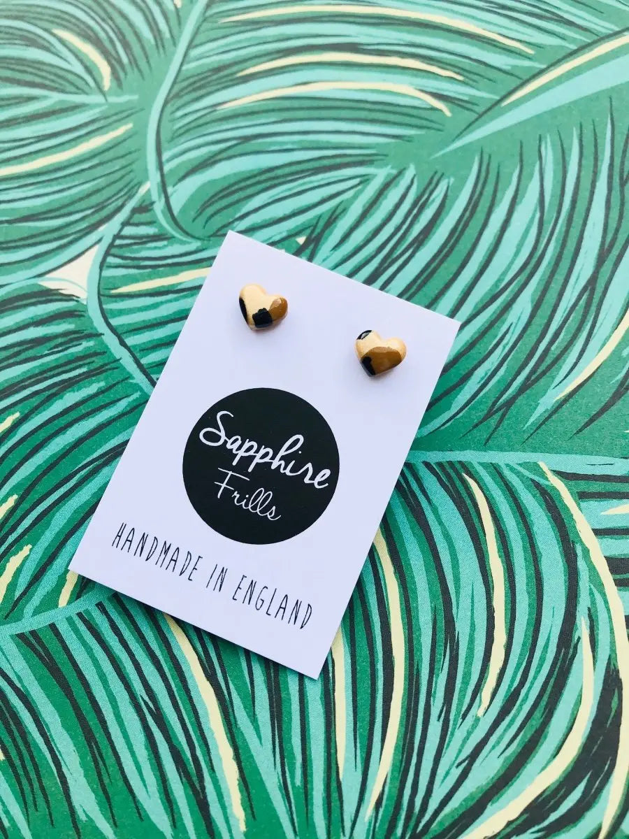 Mini Champagne Leopard Print Heart Stud Earrings Sapphire Frills
