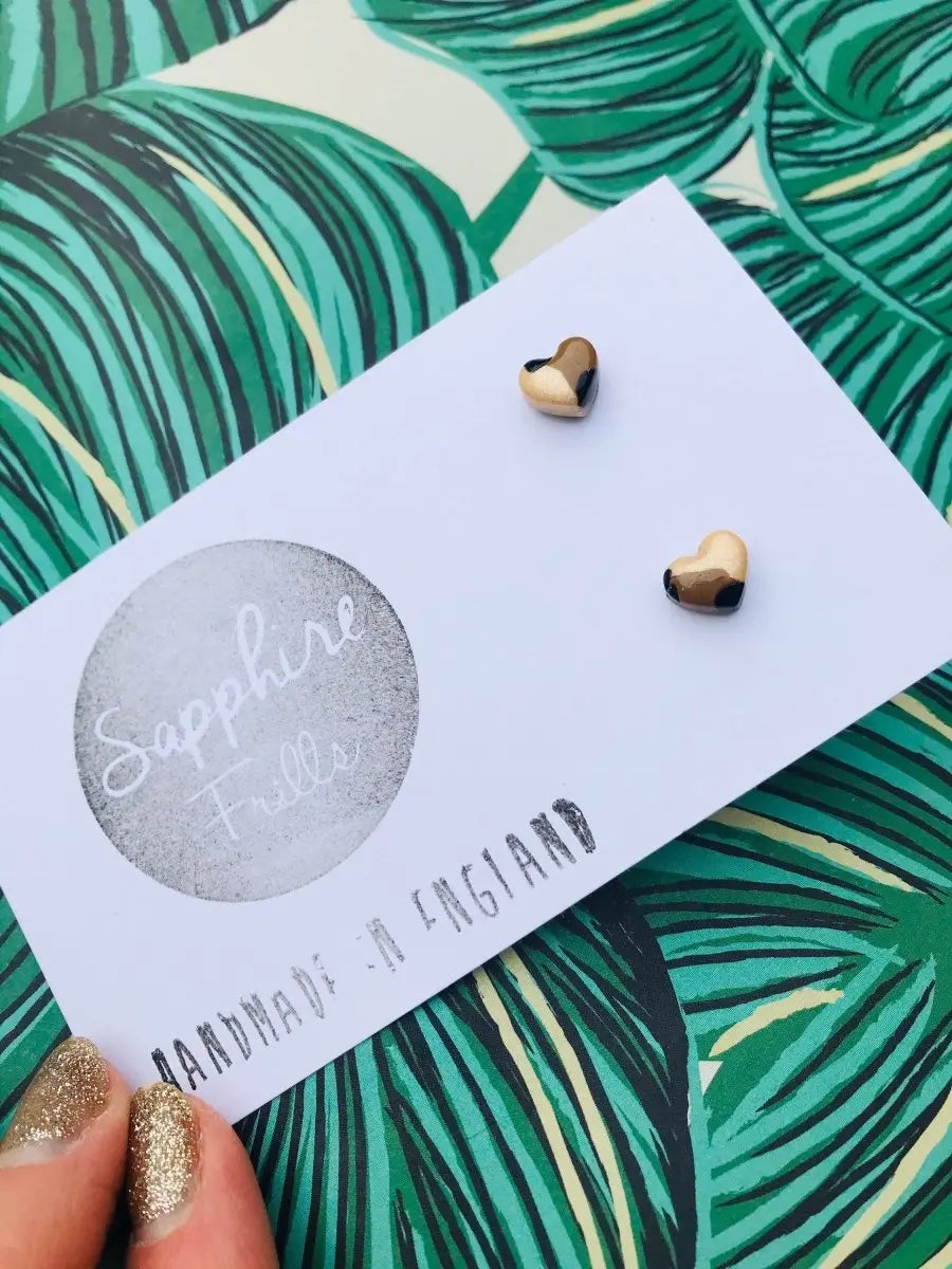 Mini Champagne Leopard Print Heart Stud Earrings Sapphire Frills