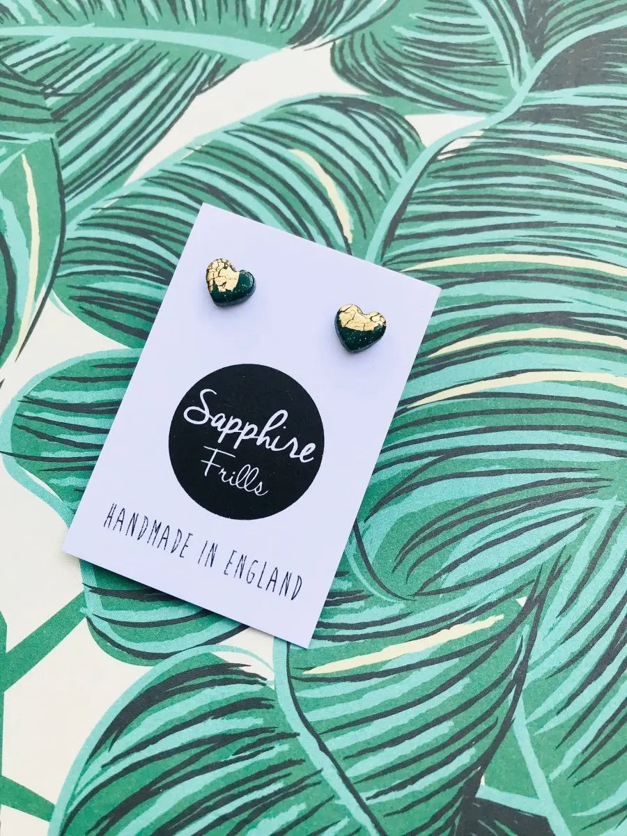 Mini Dark Green and Gold Heart Stud Earrings Sapphire Frills