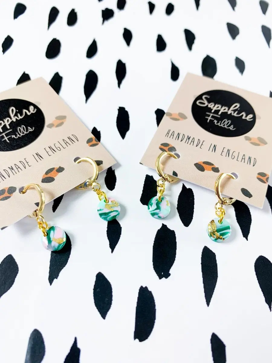 Mini Dark Green, Mint and Baby Pink Marble Circle Stud Earrings from Sapphire Frills