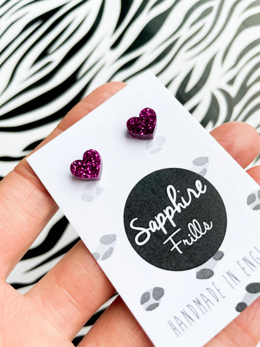 Mini Dark Purpley Pink Glitter Acrylic Heart Studs from Sapphire Frills