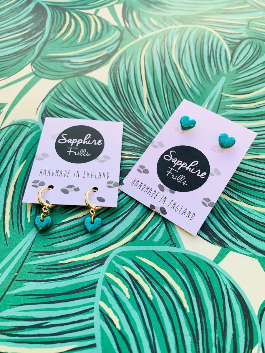 Mini Emerald Glitter Heart Stud Earrings Sapphire Frills