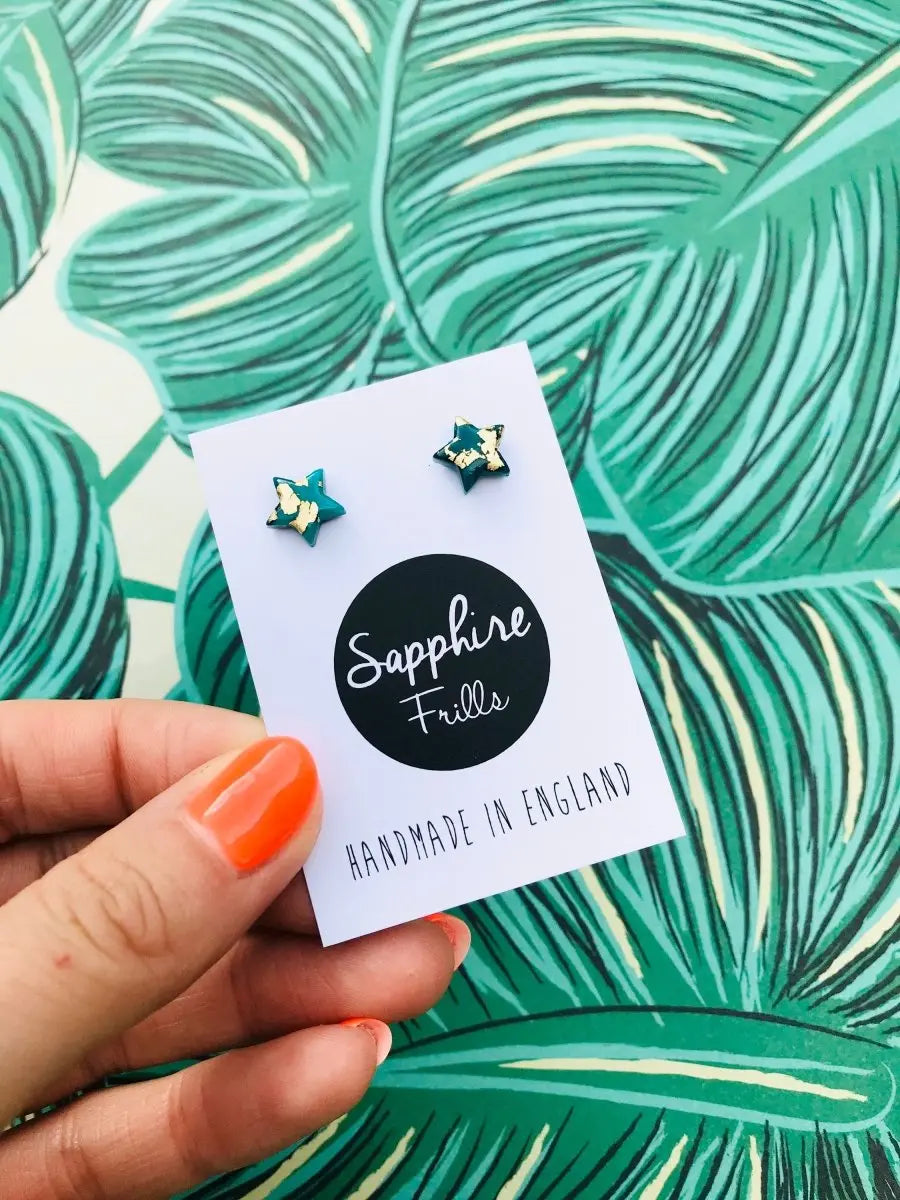 Mini Emerald and Gold Star Stud Earrings Sapphire Frills