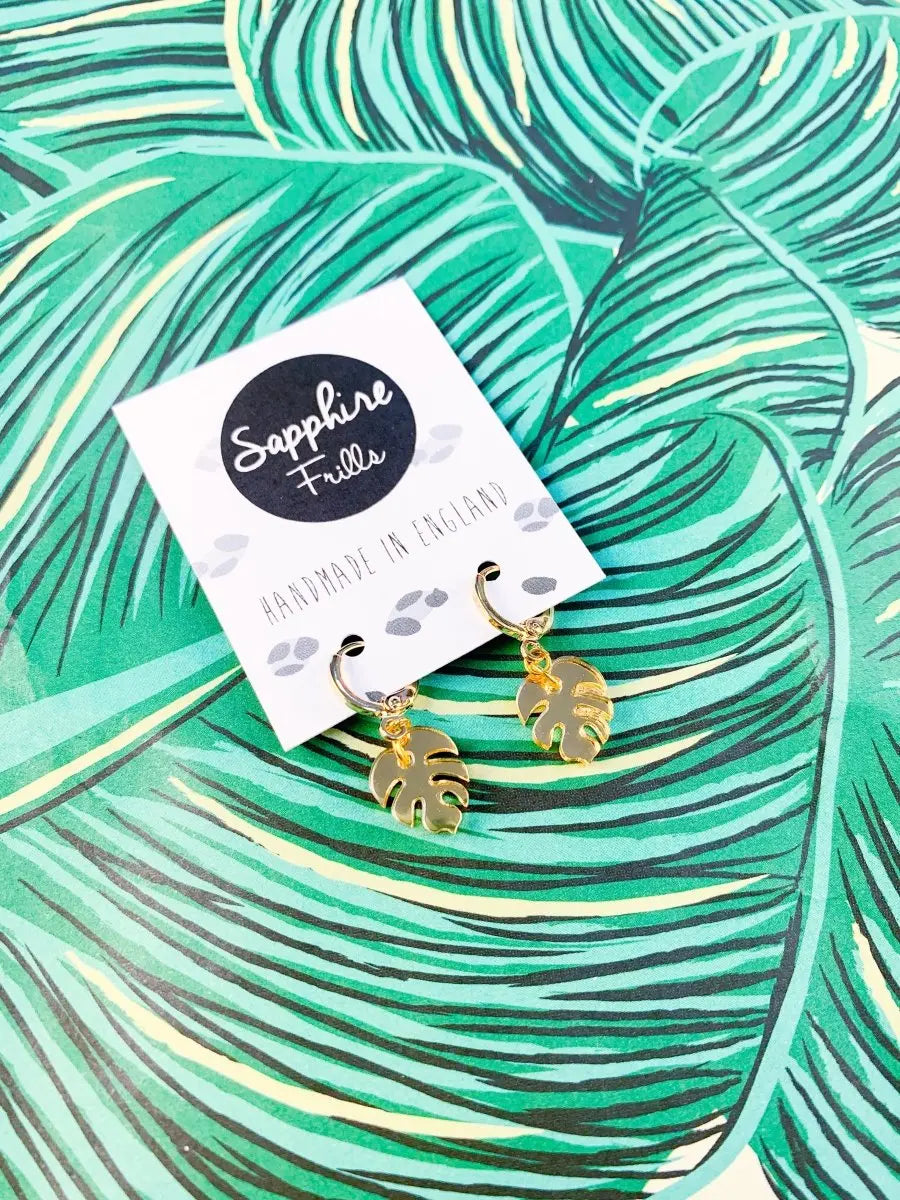 Mini Gold Acrylic Mirror Monstera Leaf Dangle Earrings Sapphire Frills