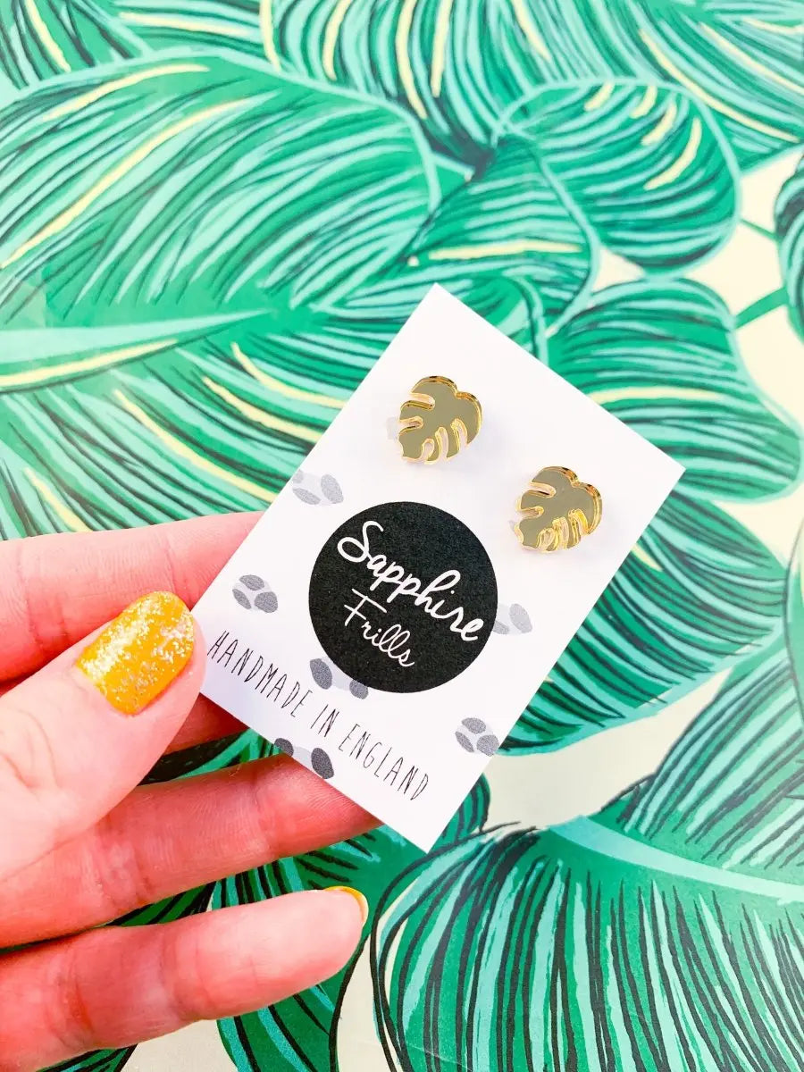 Mini Gold Acrylic Mirror Monstera Leaf Stud Earrings Sapphire Frills