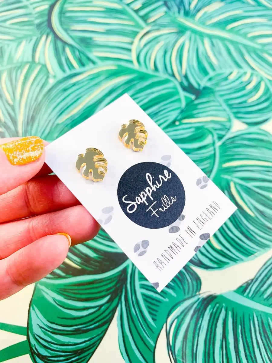 Mini Gold Acrylic Mirror Monstera Leaf Stud Earrings Sapphire Frills