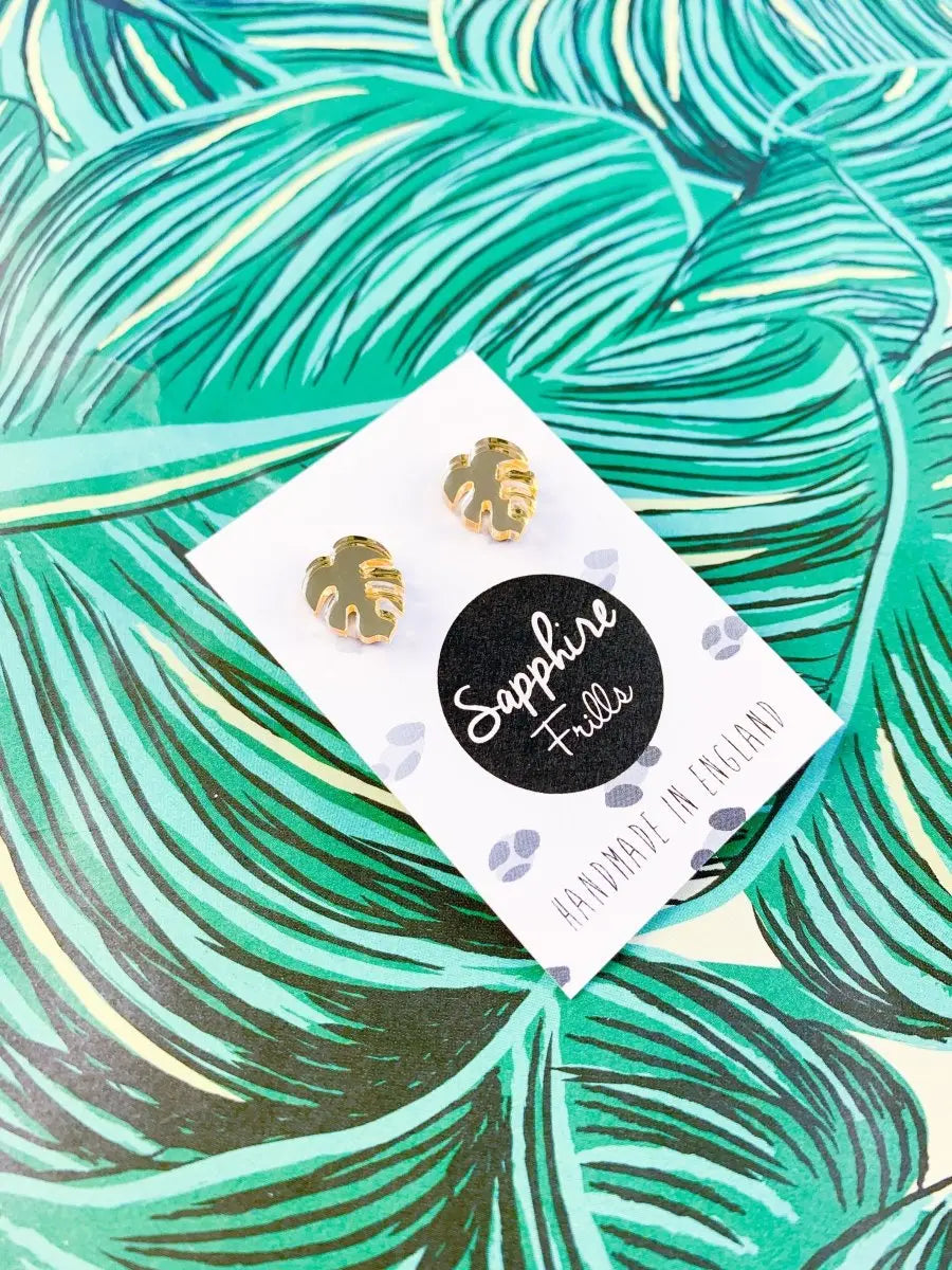 Mini Gold Acrylic Mirror Monstera Leaf Stud Earrings Sapphire Frills