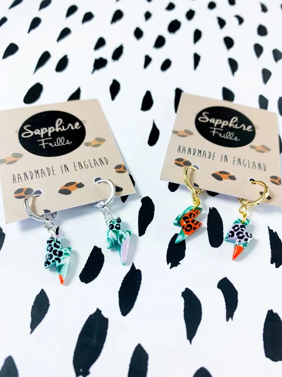 Mini Green Jungle Leopard Marble Lightening Bolt Stud Earrings from Sapphire Frills