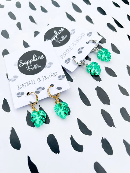 Mini Green Leopard Print Acrylic Mirror Monstera Leaf Dangle Earrings from Sapphire Frills