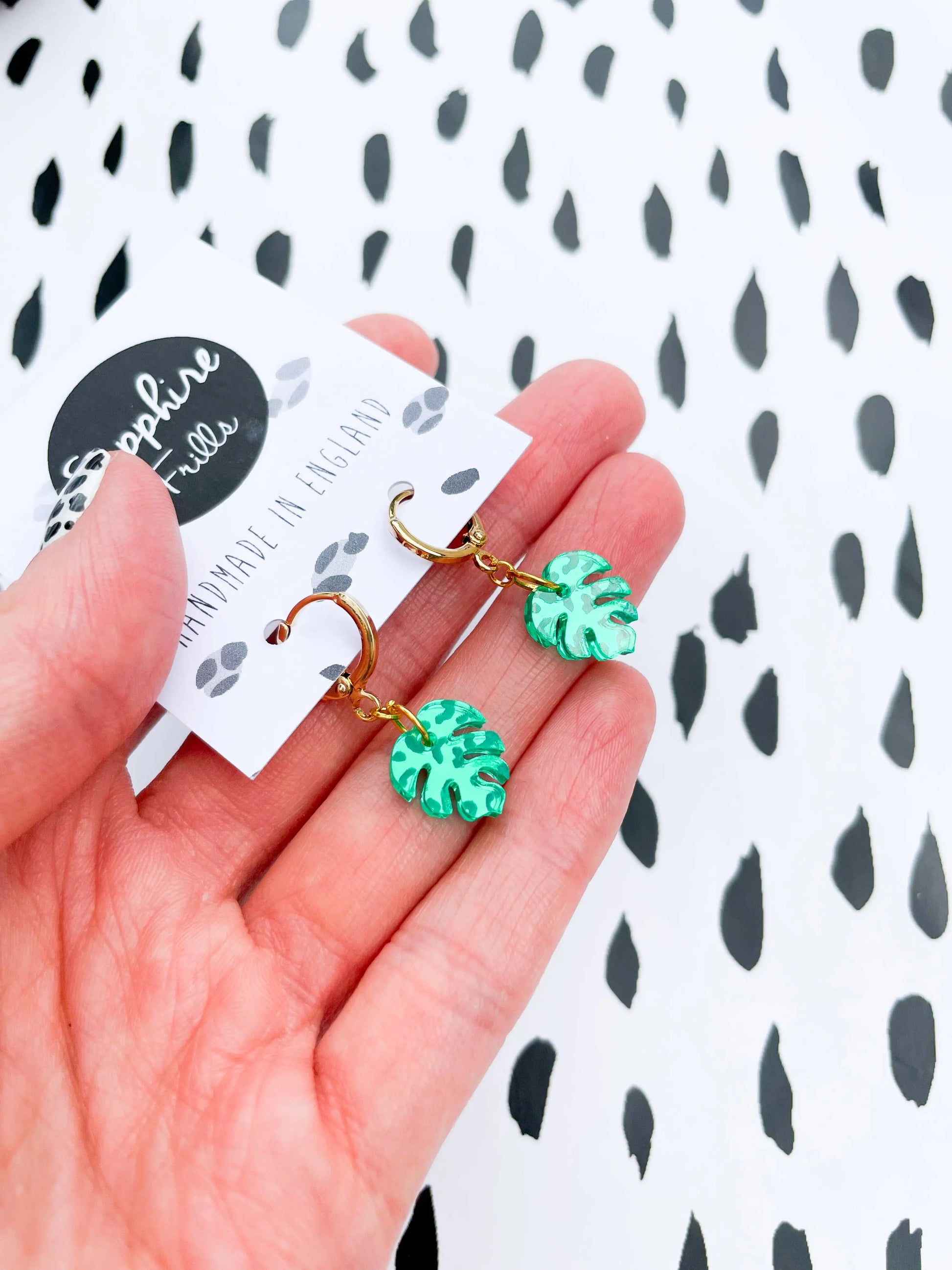 Mini Green Leopard Print Acrylic Mirror Monstera Leaf Dangle Earrings from Sapphire Frills