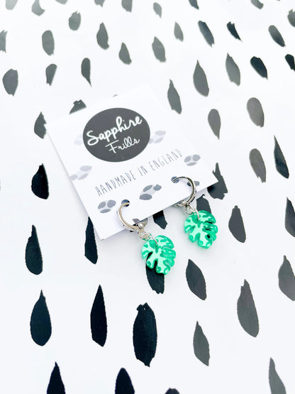 Mini Green Leopard Print Acrylic Mirror Monstera Leaf Dangle Earrings from Sapphire Frills
