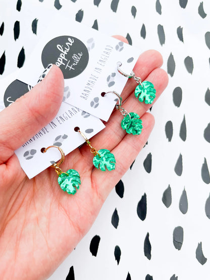 Mini Green Leopard Print Acrylic Mirror Monstera Leaf Dangle Earrings from Sapphire Frills