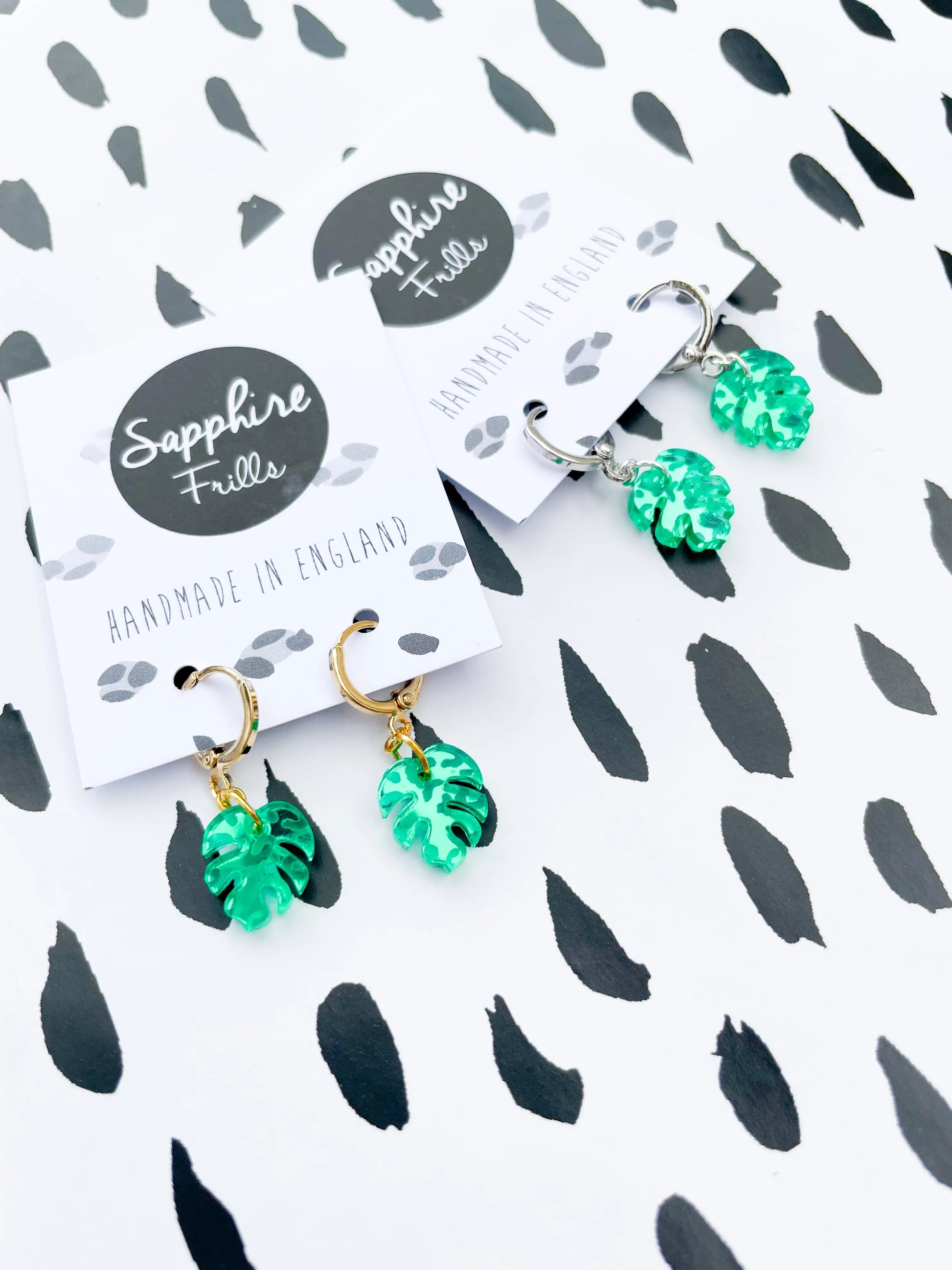 Mini Green Leopard Print Acrylic Mirror Monstera Leaf Dangle Earrings from Sapphire Frills