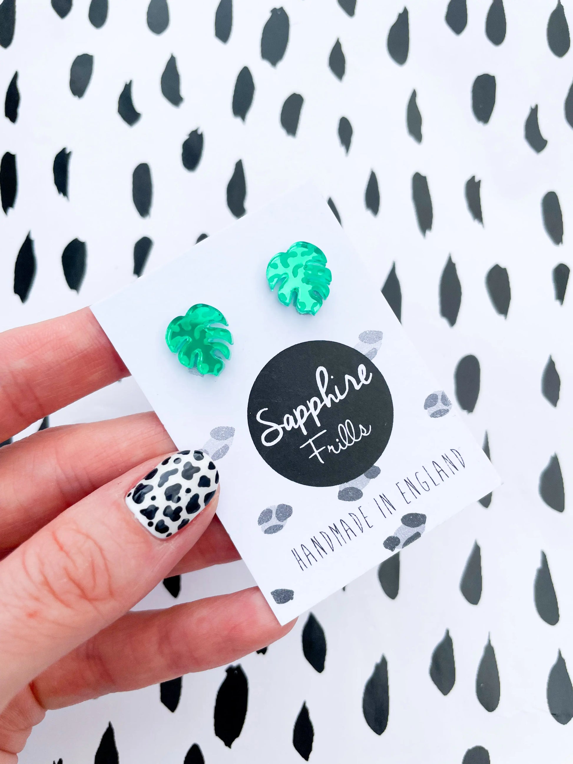 Mini Green Leopard Print Acrylic Mirror Monstera Leaf Stud Earrings from Sapphire Frills