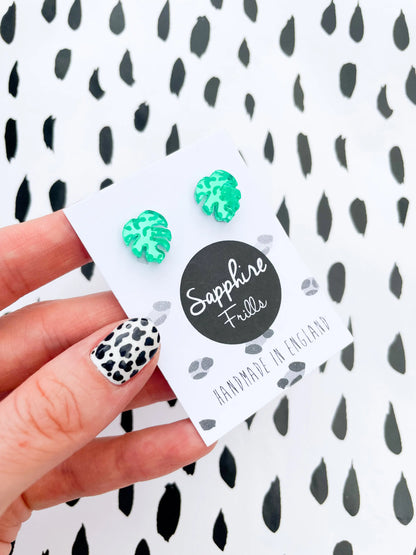 Mini Green Leopard Print Acrylic Mirror Monstera Leaf Stud Earrings from Sapphire Frills