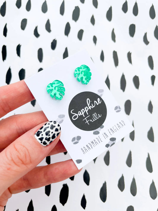 Mini Green Leopard Print Acrylic Mirror Monstera Leaf Stud Earrings from Sapphire Frills