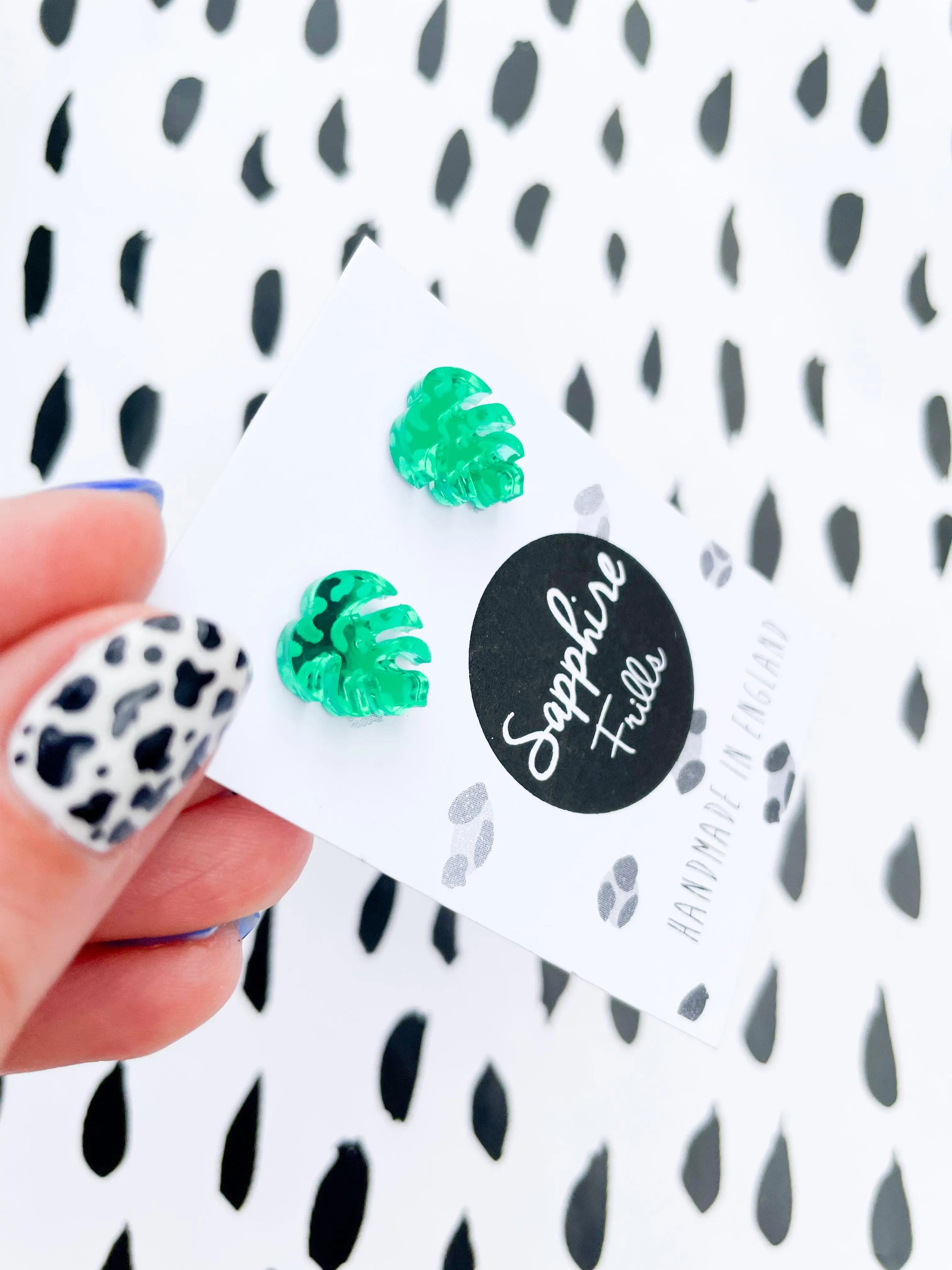Mini Green Leopard Print Acrylic Mirror Monstera Leaf Stud Earrings from Sapphire Frills