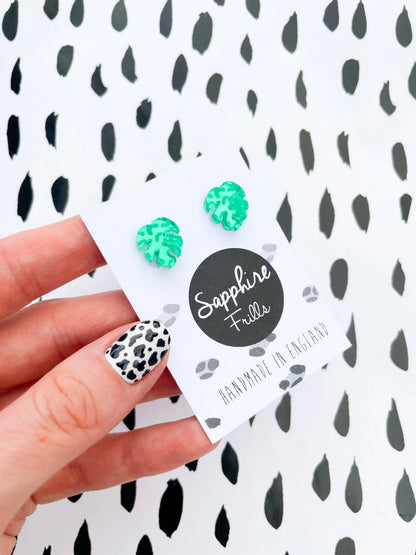 Mini Green Leopard Print Acrylic Mirror Monstera Leaf Stud Earrings from Sapphire Frills