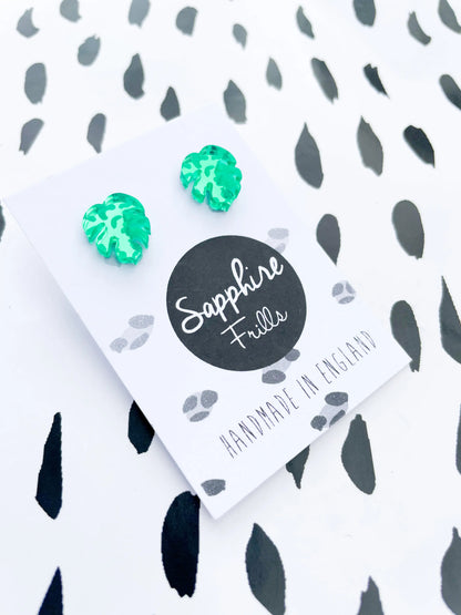 Mini Green Leopard Print Acrylic Mirror Monstera Leaf Stud Earrings from Sapphire Frills