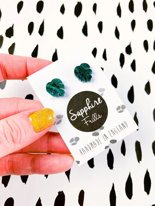 Mini Green and Black Galaxy Glitter Marble Acrylic Monstera Leaf Stud Earrings Sapphire Frills
