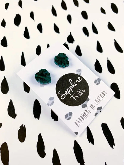 Mini Green and Black Galaxy Glitter Marble Acrylic Monstera Leaf Stud Earrings Sapphire Frills