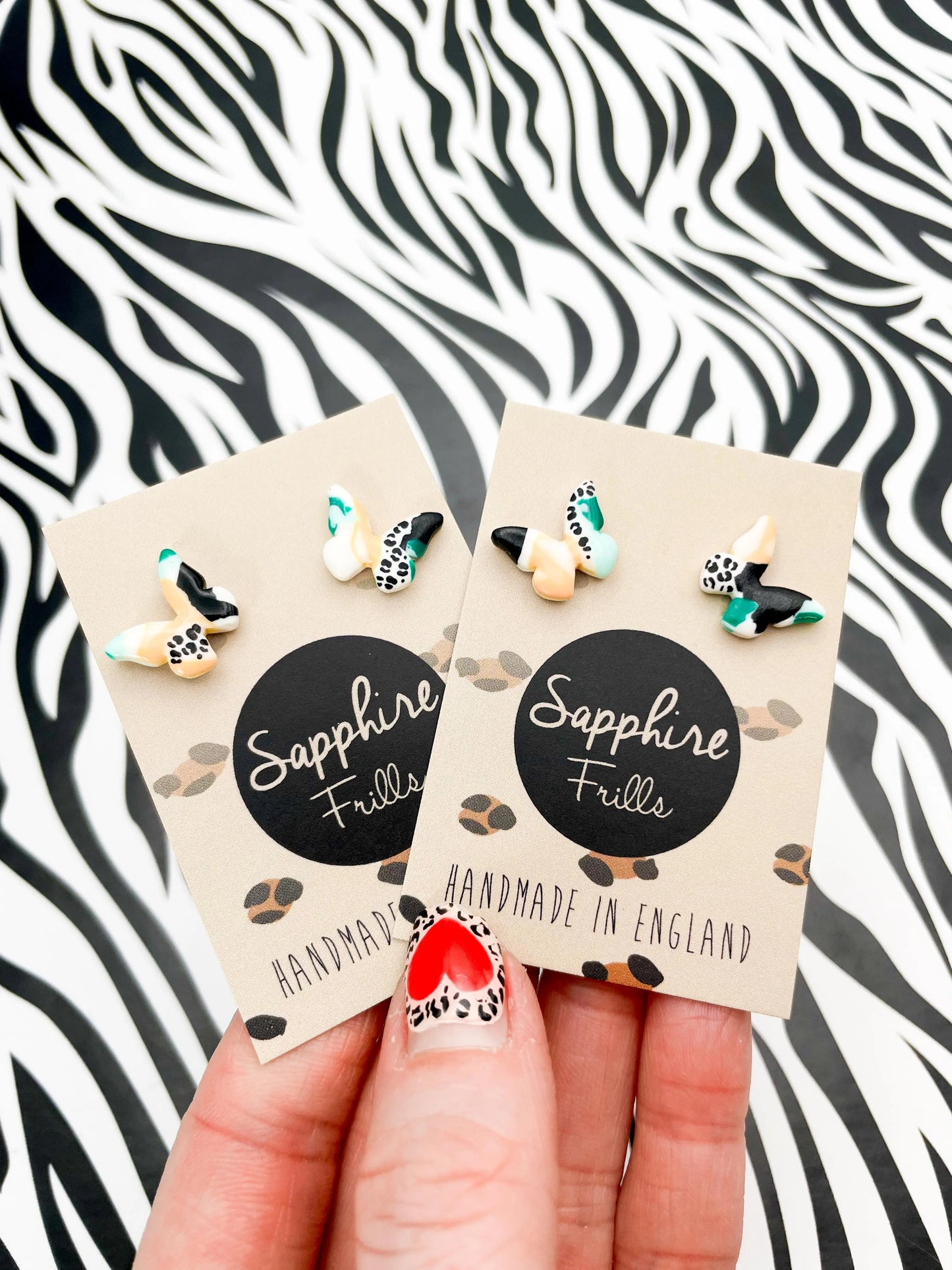 Mini Green and Peach Abstract Leopard Print Butterfly Stud Earrings from Sapphire Frills