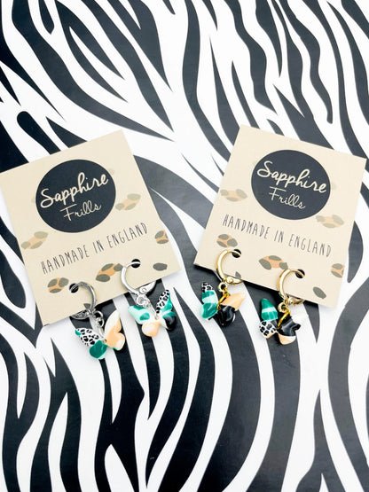Mini Green and Peach Abstract Leopard Print Butterfly Stud Earrings from Sapphire Frills