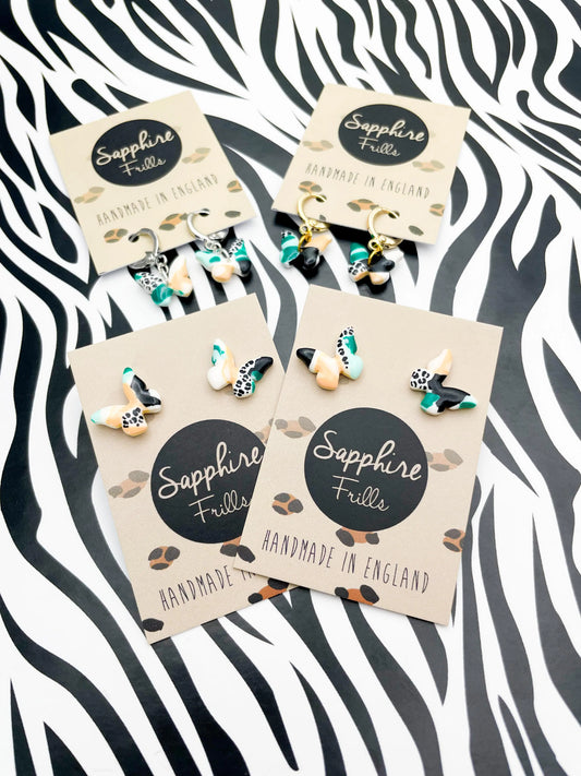 Mini Green and Peach Abstract Leopard Print Butterfly Stud Earrings from Sapphire Frills