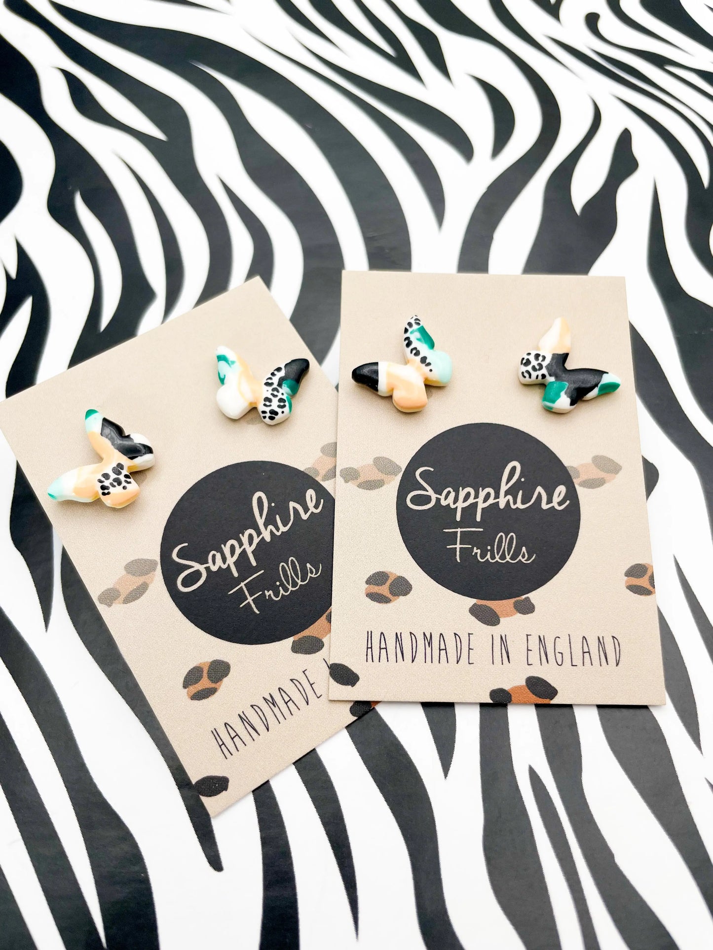 Mini Green and Peach Abstract Leopard Print Butterfly Stud Earrings from Sapphire Frills