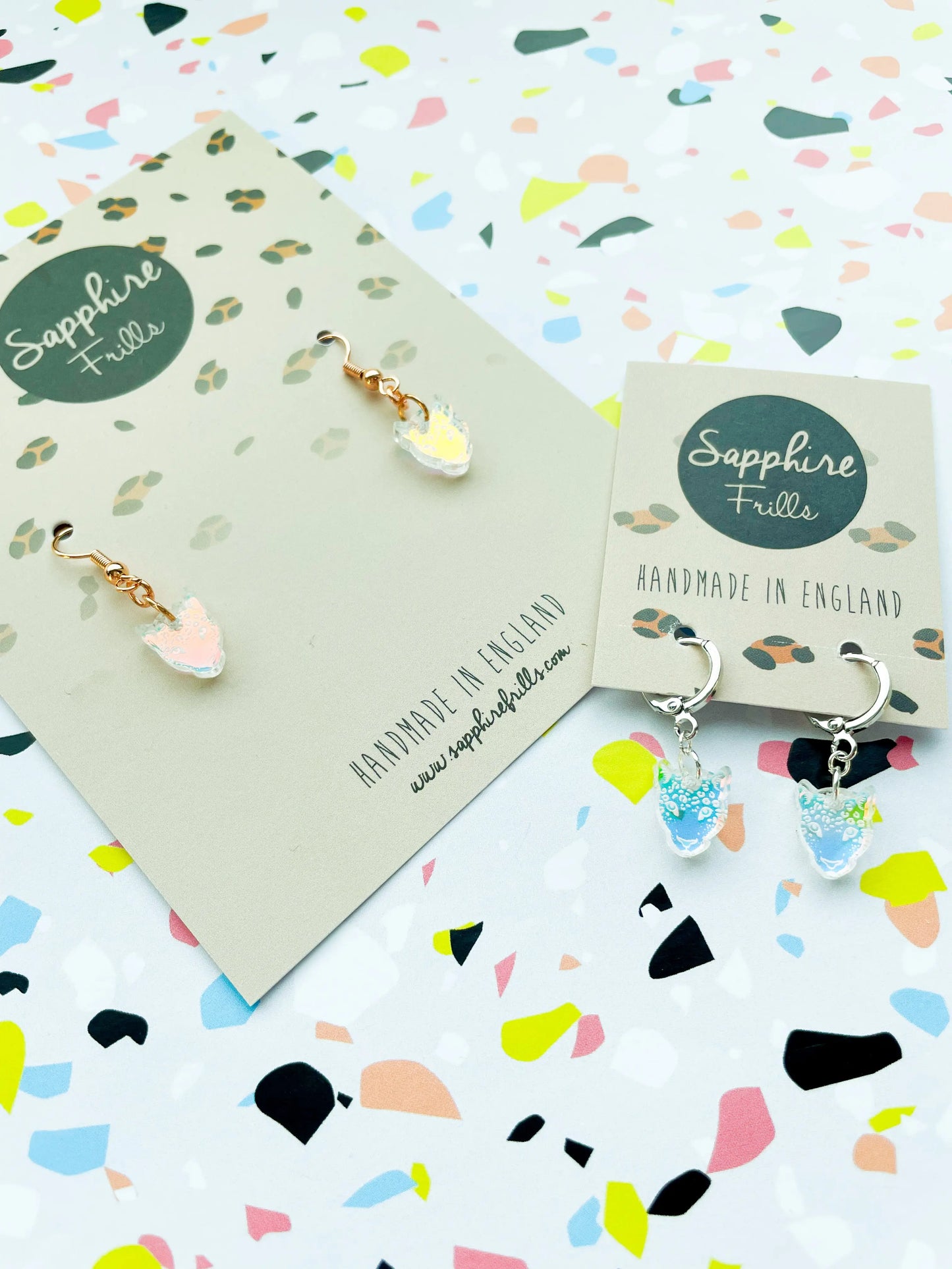 Mini Iridescent Blue Acrylic Leopard Face Dangle Earrings from Sapphire Frills