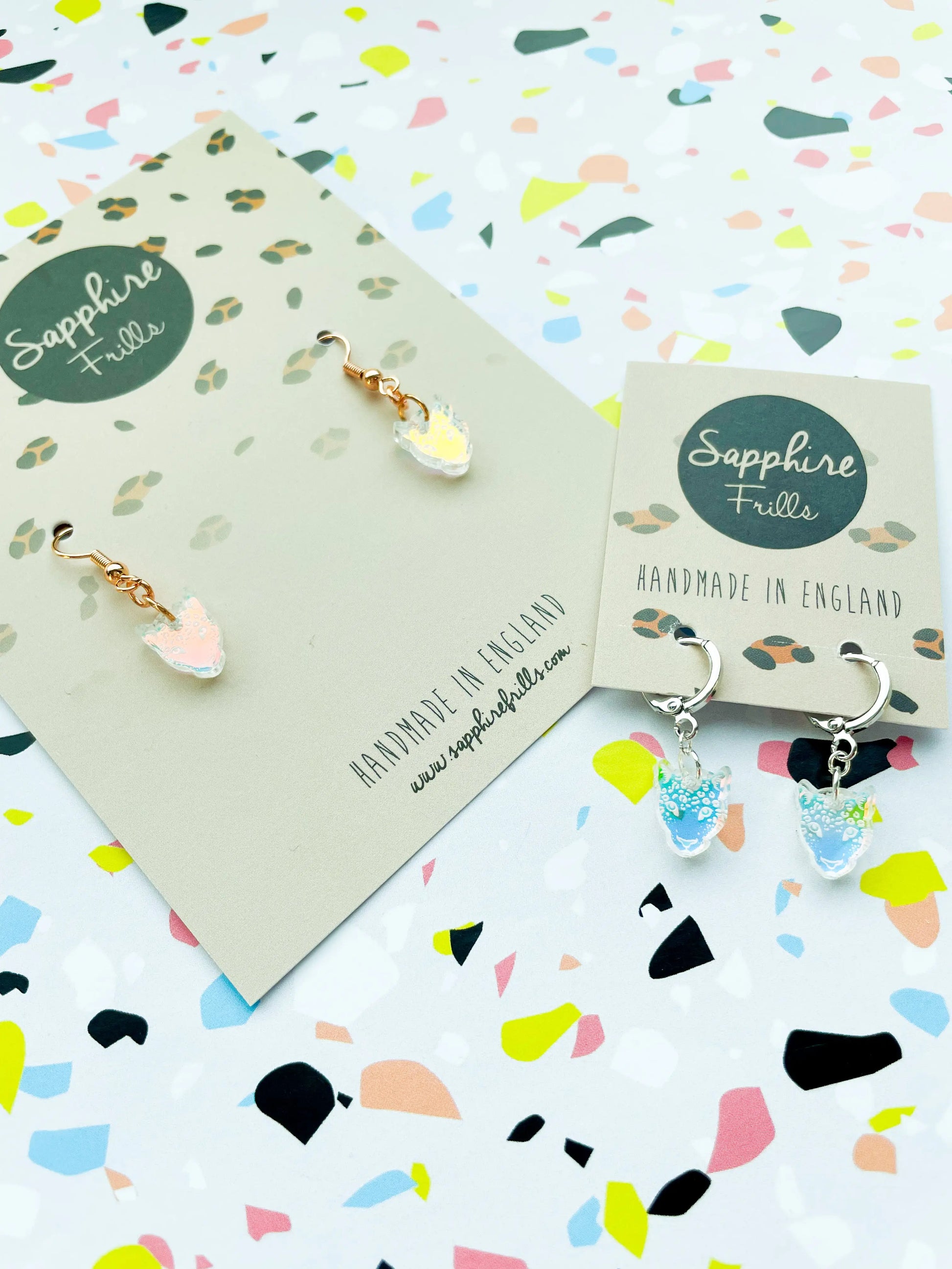Mini Iridescent Blue Acrylic Leopard Face Dangle Earrings from Sapphire Frills