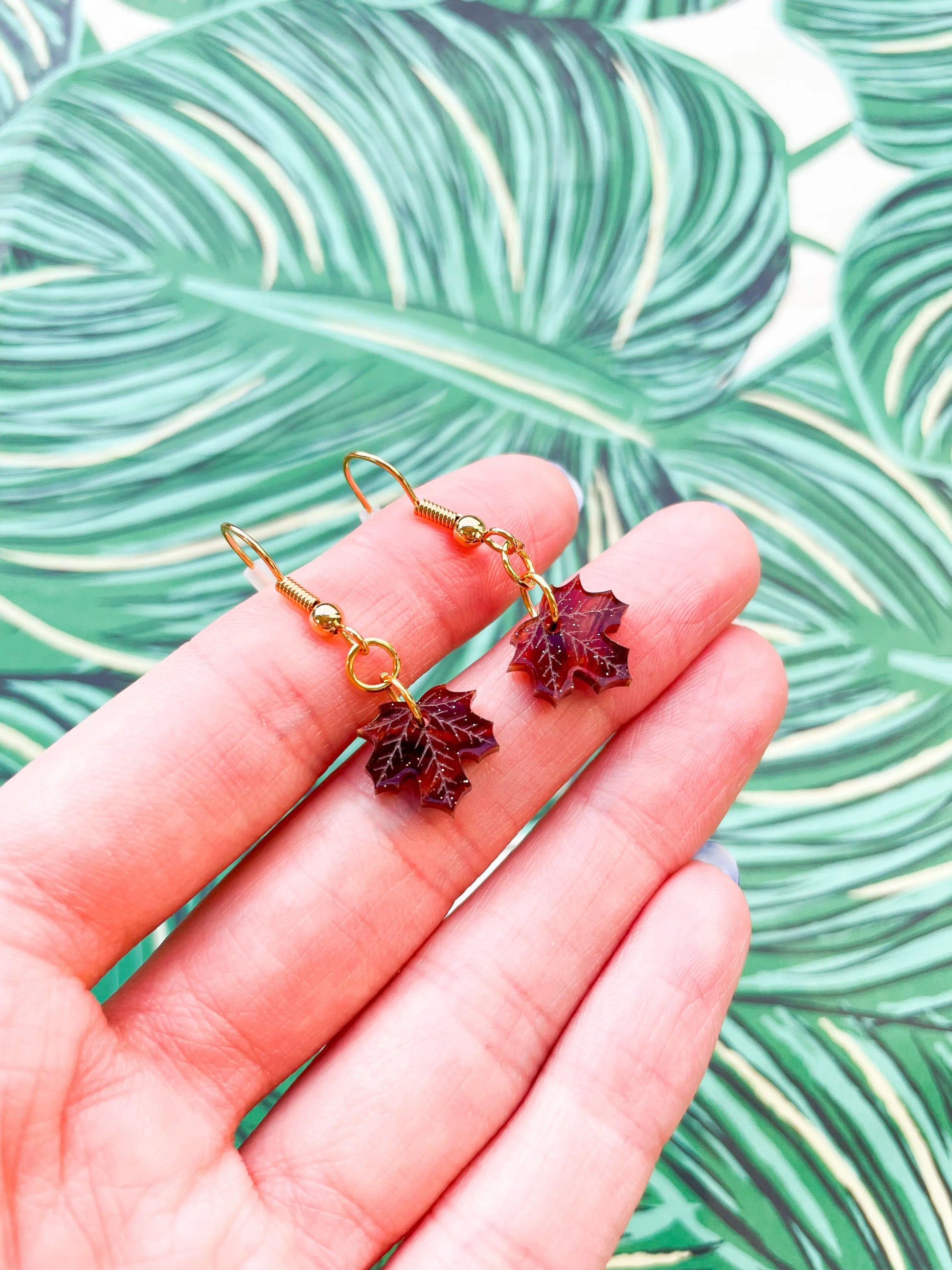 Mini Maroon Glitter Marble Acrylic Maple Leaf Dangle Earrings from Sapphire Frills
