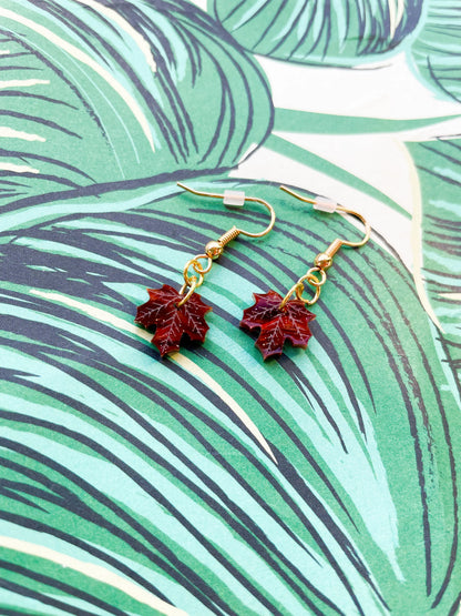 Mini Maroon Glitter Marble Acrylic Maple Leaf Dangle Earrings from Sapphire Frills