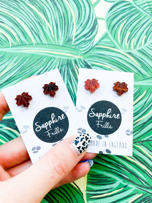 Mini Maroon Glitter Marble Acrylic Maple Leaf Stud Earrings from Sapphire Frills