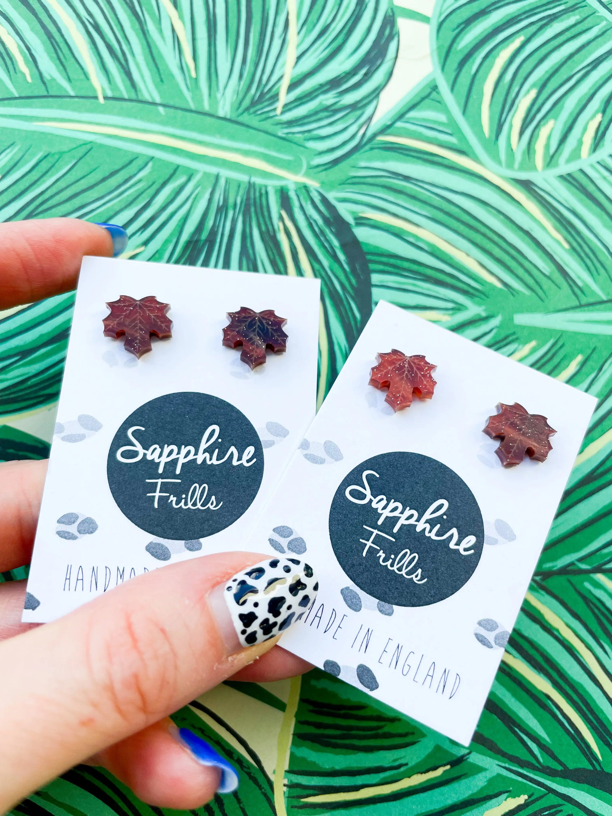 Mini Maroon Glitter Marble Acrylic Maple Leaf Stud Earrings from Sapphire Frills