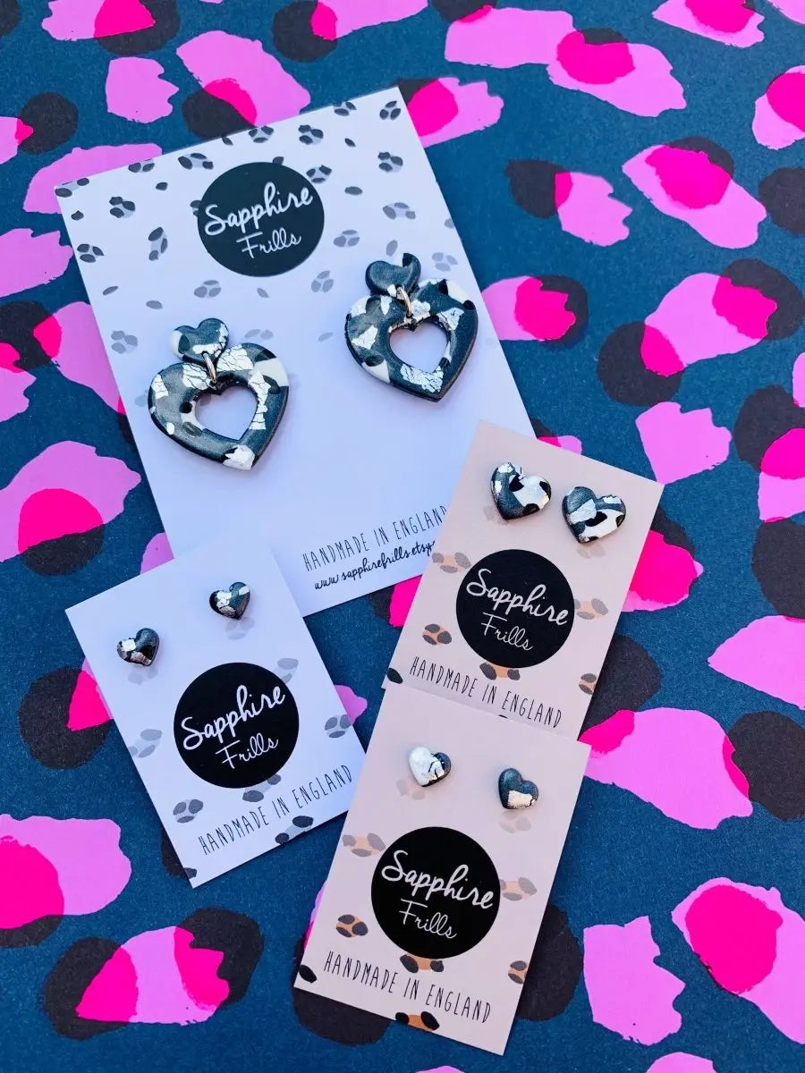 Mini Metallic Grey Leopard Print Heart Stud Earrings Sapphire Frills