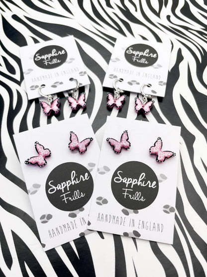 Mini Pink Glitter Butterfly Stud Earrings from Sapphire Frills