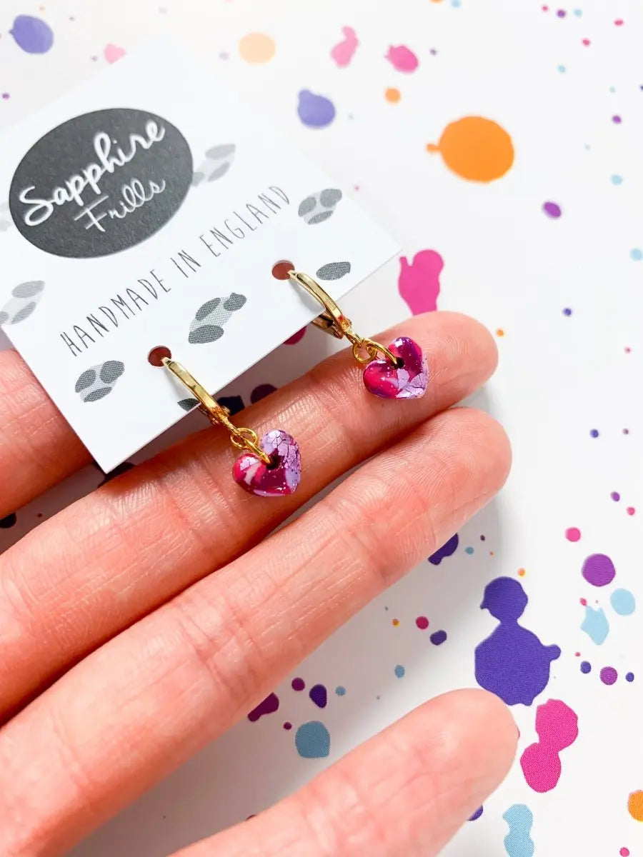 Mini Pink and Purple Glitter Marble Heart Stud Earrings from Sapphire Frills