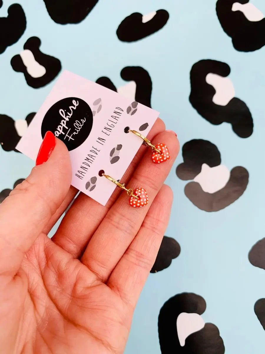 Mini Poppy Red Micro Polka Dot Heart Stud Earrings Sapphire Frills