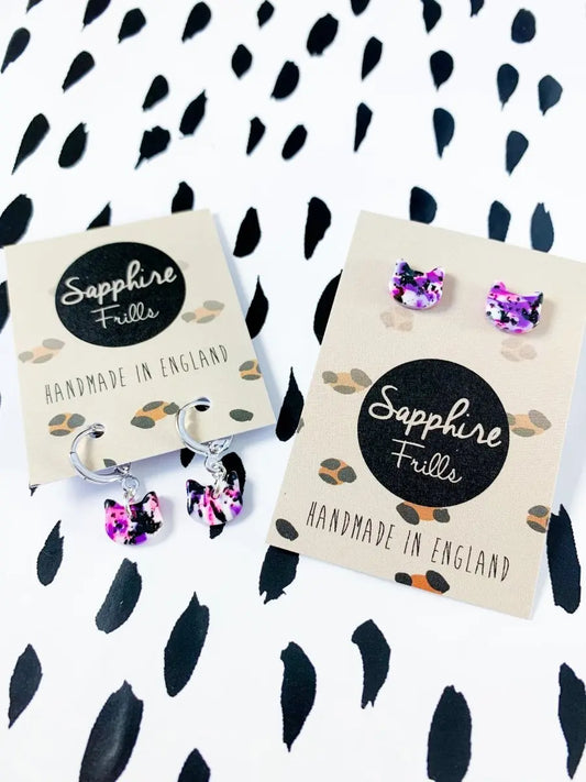 Mini Purple and White Marble Kitty Cat Heads Stud Earrings from Sapphire Frills