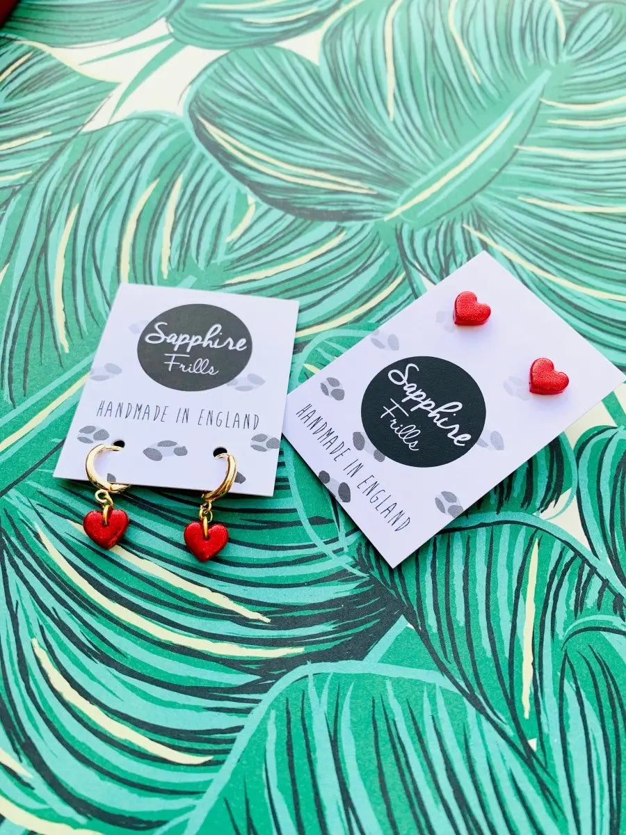 Mini Red Glitter Heart Stud Earrings Sapphire Frills