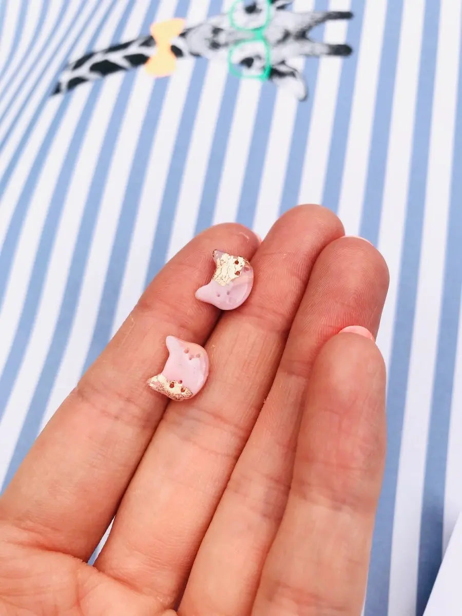 Mini Rose Gold Translucent Kitty Cat Heads Stud Earrings Sapphire Frills