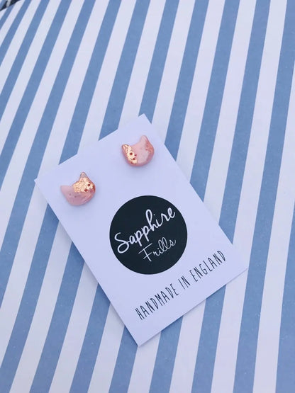 Mini Rose Gold Translucent Kitty Cat Heads Stud Earrings Sapphire Frills